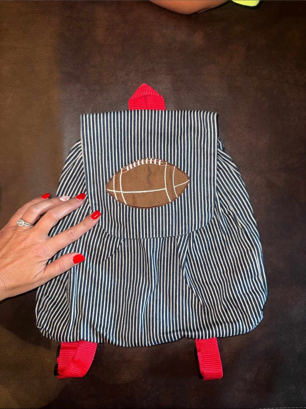 Striped Kids Backpack with Football Patch - Navy & White with Red Accents